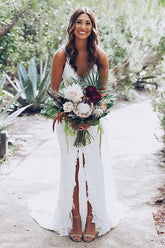 Gorgeous White Deep V-Neck Lace Mermaid Wedding Dress with Split